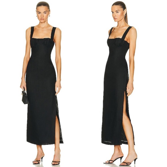 SIR the label Dresses & Skirts - SIR The Label Bettina Ruched Linen Midi Dress In Black